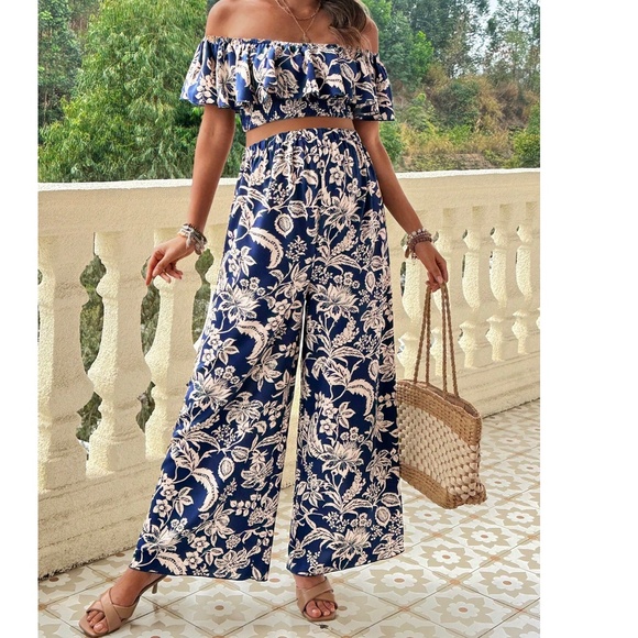 Maternity Floral Print Ruffle Off Shoulder Top Wide leg Pants Set - Picture 4 of 4